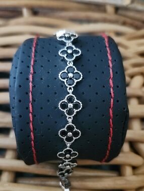 Silver Black Floral Link Bracelet - Women Jewelry